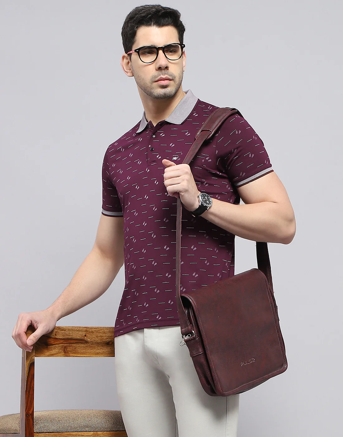 Men Burgundy Printed Polo Collar Half Sleeve T-Shirt - Image 2