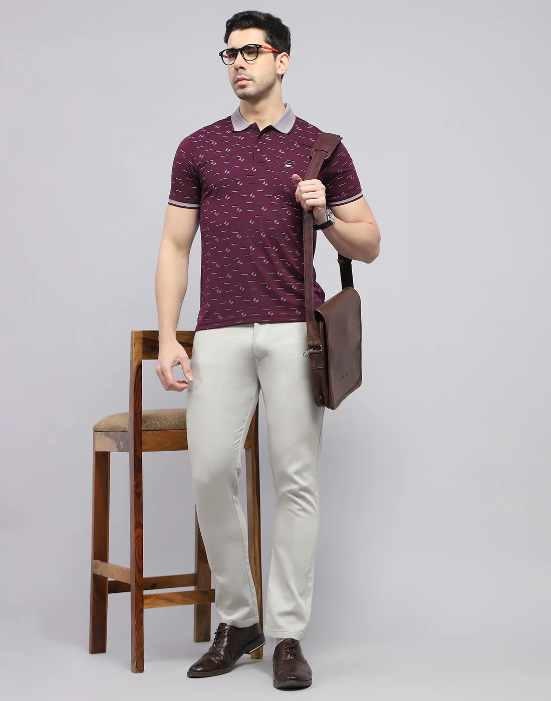 Men Burgundy Printed Polo Collar Half Sleeve T-Shirt - Image 3