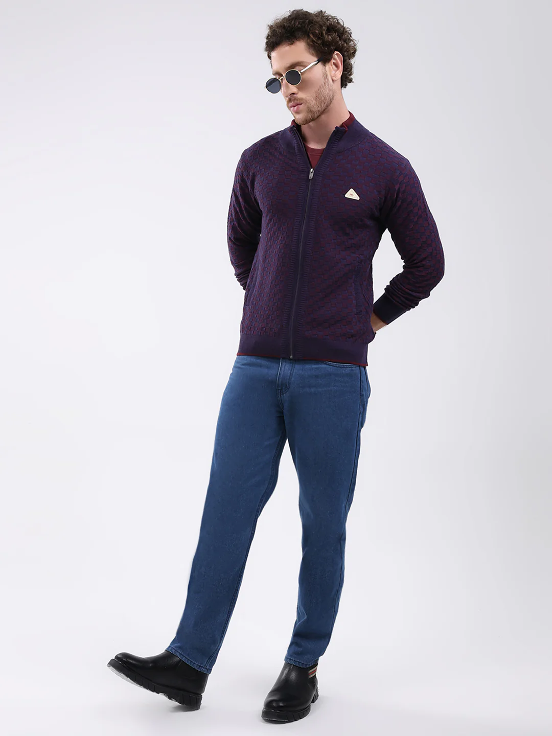Men Burgundy Self Design Mock Neck Full Sleeve Pullover - Image 2