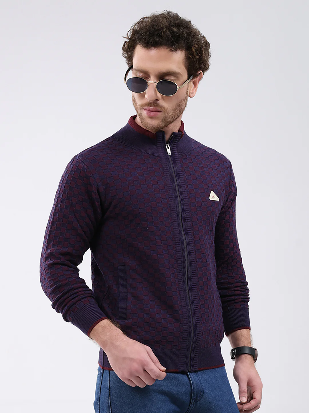 Men Burgundy Self Design Mock Neck Full Sleeve Pullover - Image 4