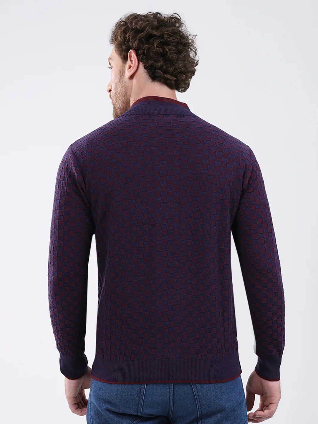 Men Burgundy Self Design Mock Neck Full Sleeve Pullover - Image 5