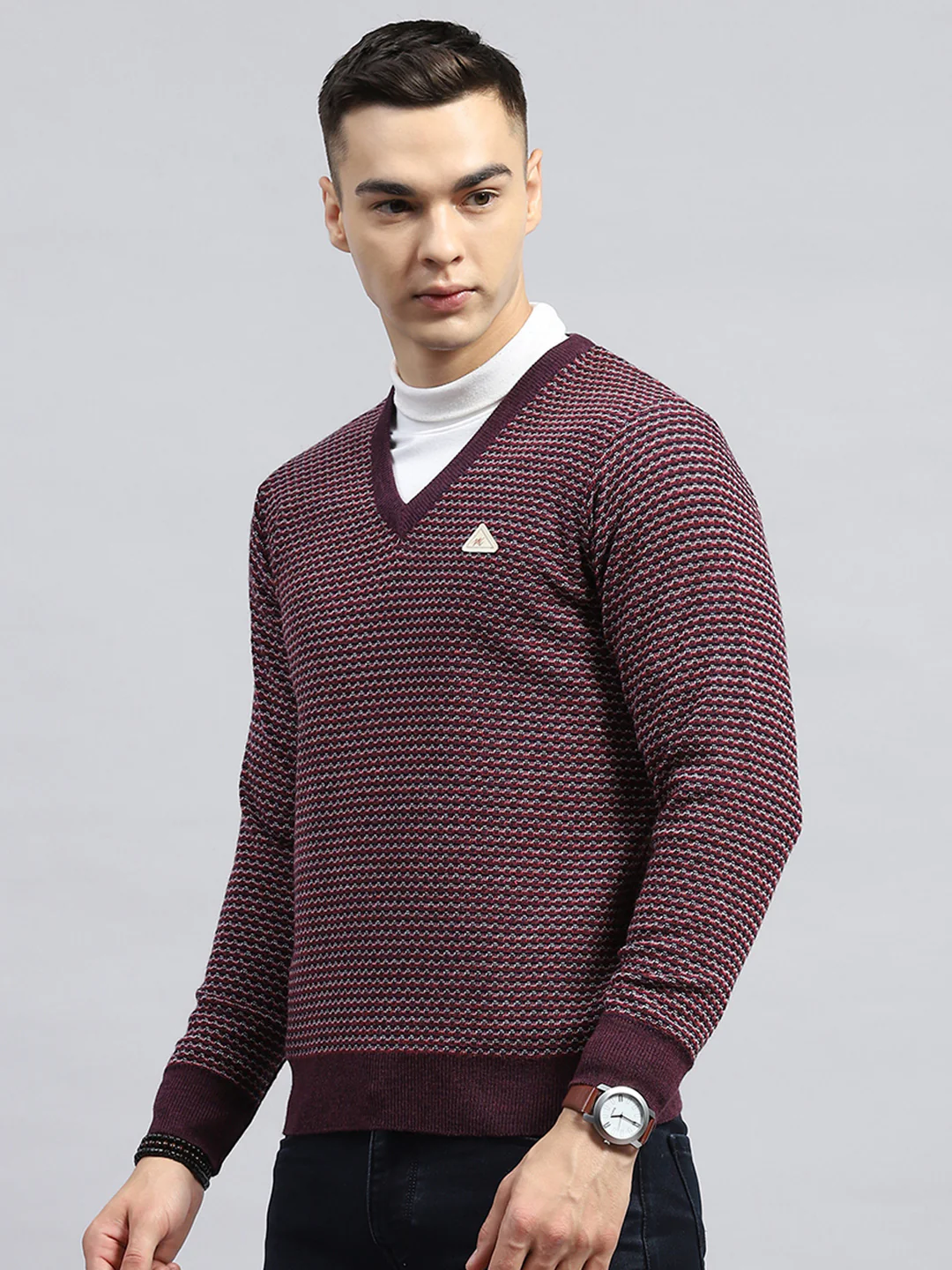 Men Burgundy Self Design V Neck Full Sleeve Pullover - Image 3
