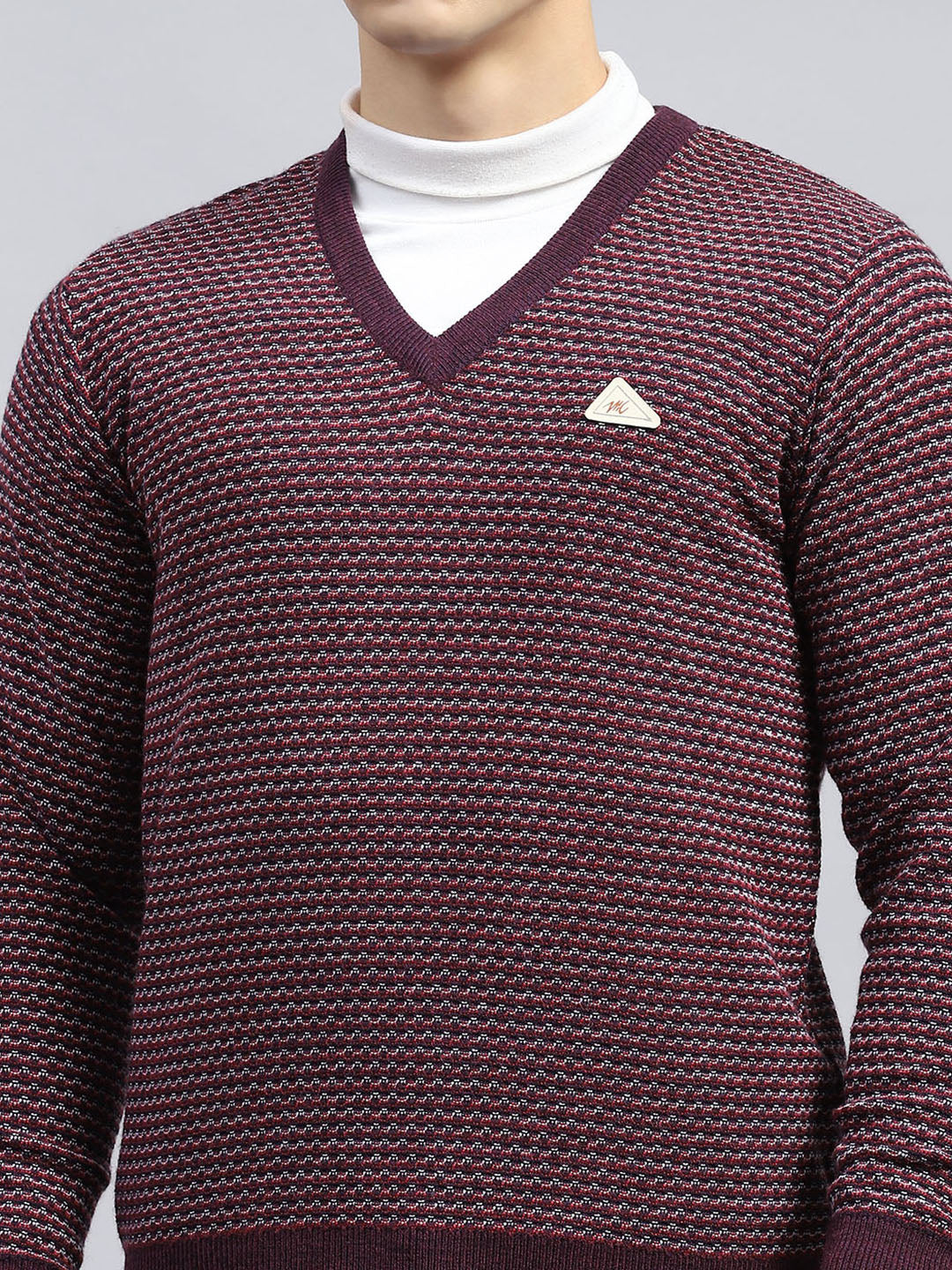 Men Burgundy Self Design V Neck Full Sleeve Pullover - Image 6