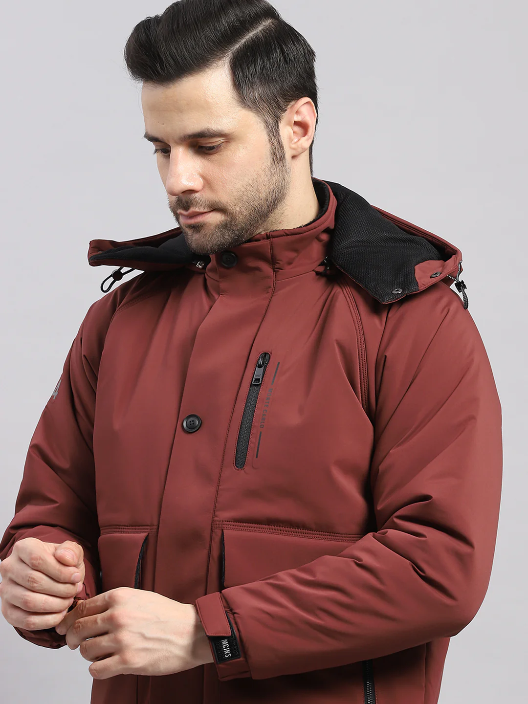 Men Burgundy Solid Hooded Full Sleeve Jacket - Image 6