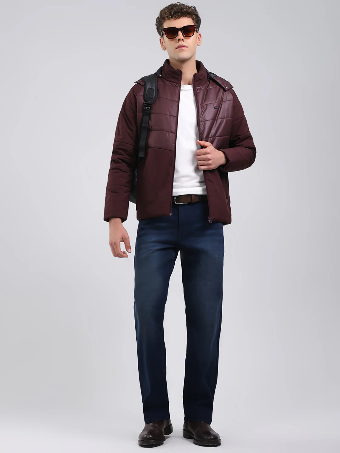 Men Burgundy Solid Hooded Full Sleeve Jacket - Image 2