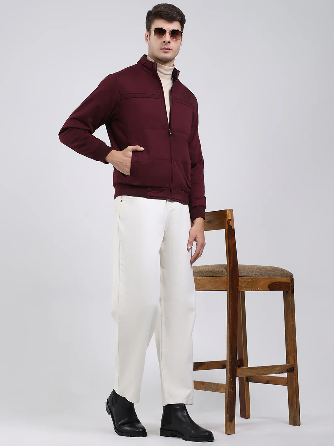 Men Burgundy Solid Mock Neck Full Sleeve Jacket - Image 2