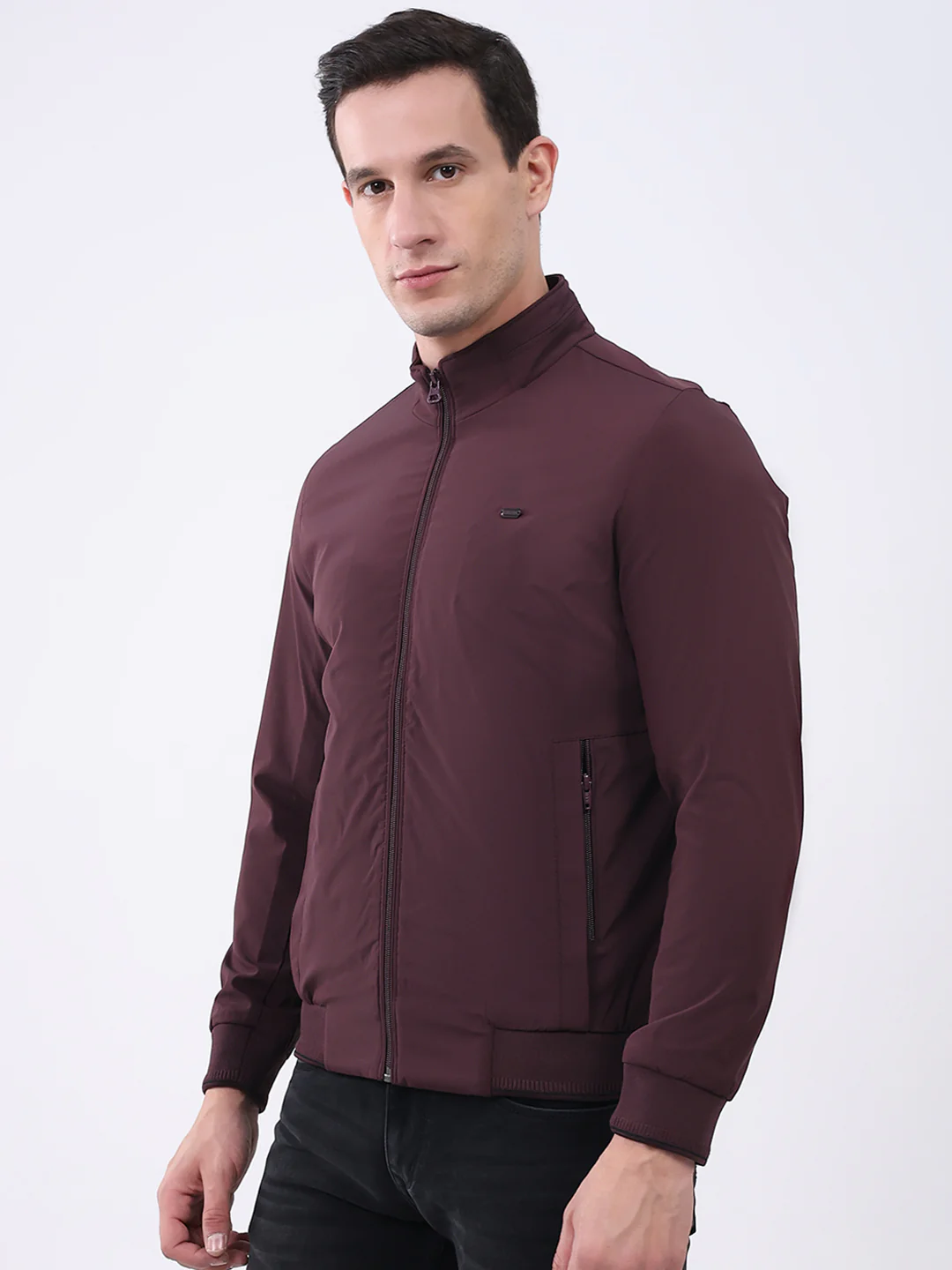 Men Burgundy Solid Mock Neck Full Sleeve Jacket - Image 3