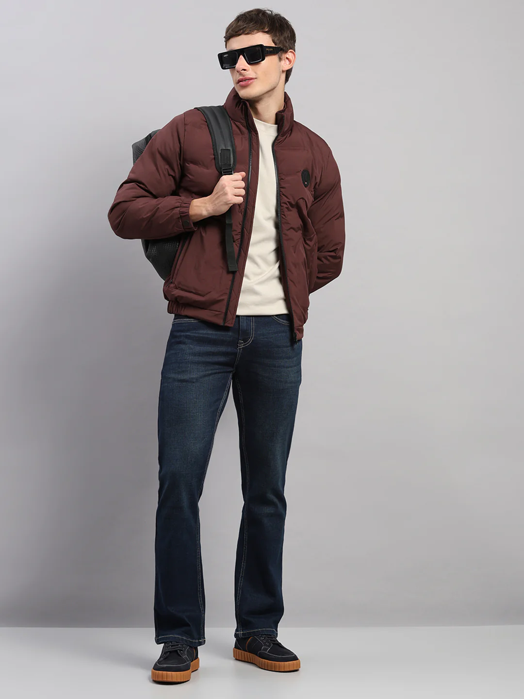 Men Burgundy Solid Stand Collar Full Sleeve Jacket - Image 2