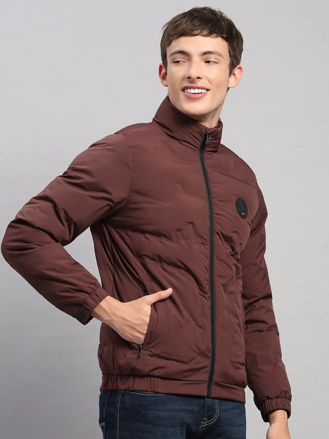 Men Burgundy Solid Stand Collar Full Sleeve Jacket - Image 4