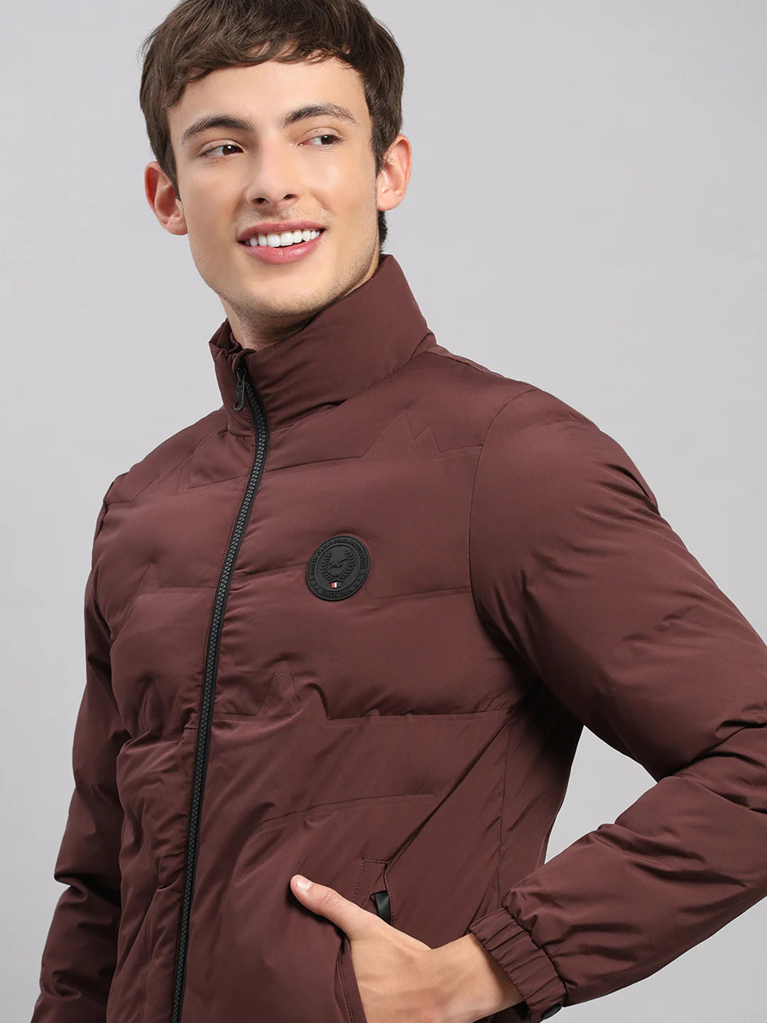 Men Burgundy Solid Stand Collar Full Sleeve Jacket - Image 6