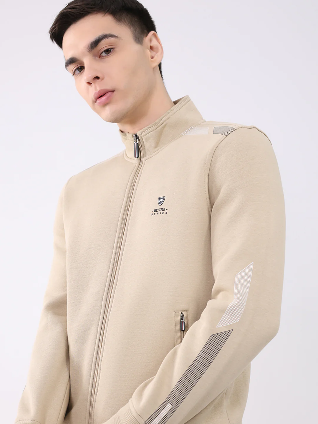 Men Camel Brown Printed Collar Full Sleeve Winter Tracksuit - Image 7