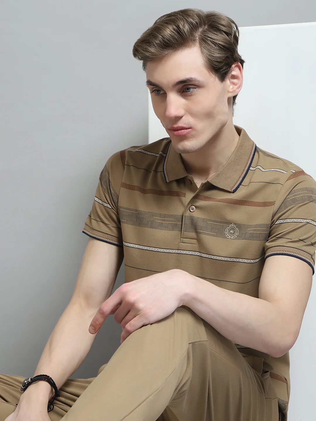 Men Camel Brown Printed Collar Half Sleeve Lower Set - Image 6