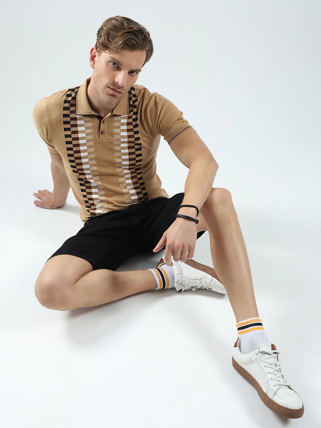 Men Camel Brown Printed Collar Half Sleeve T-Shirt - Image 2