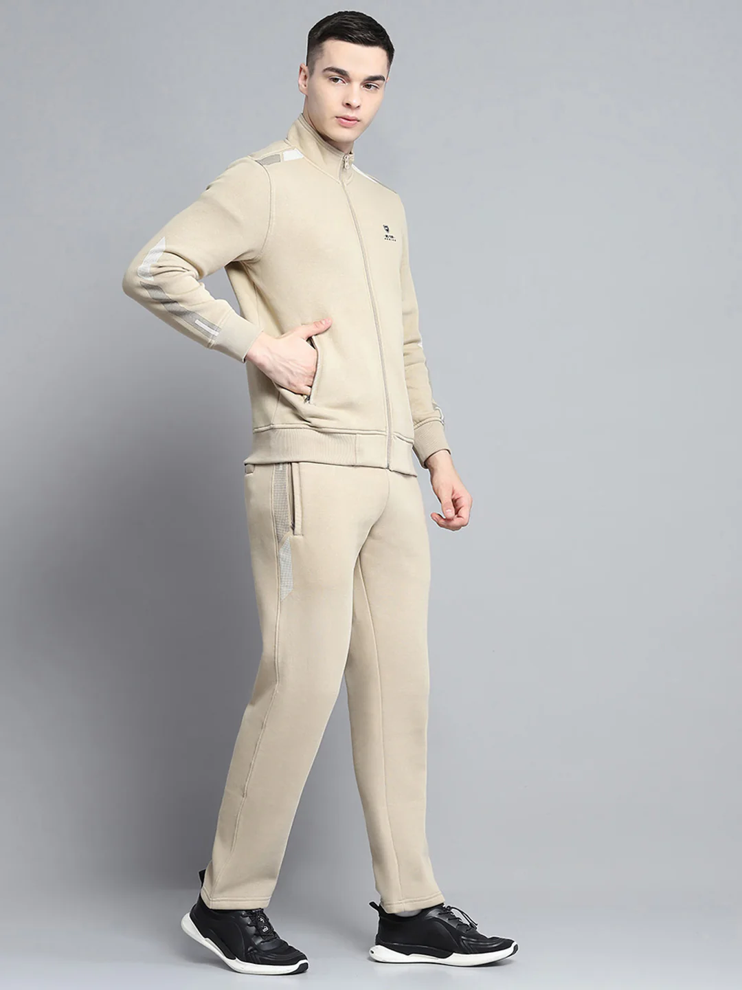 Men Camel Brown Printed Mock Neck Full Sleeve Winter Tracksuit - Image 4