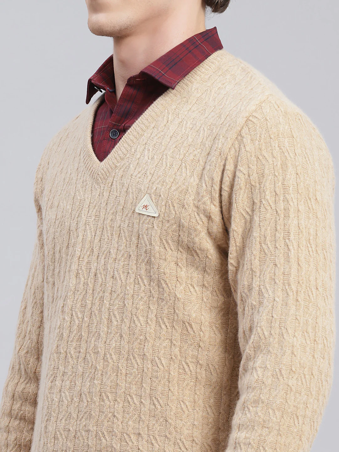 Men Camel Brown Self Design Lamb wool Pullover - Image 6