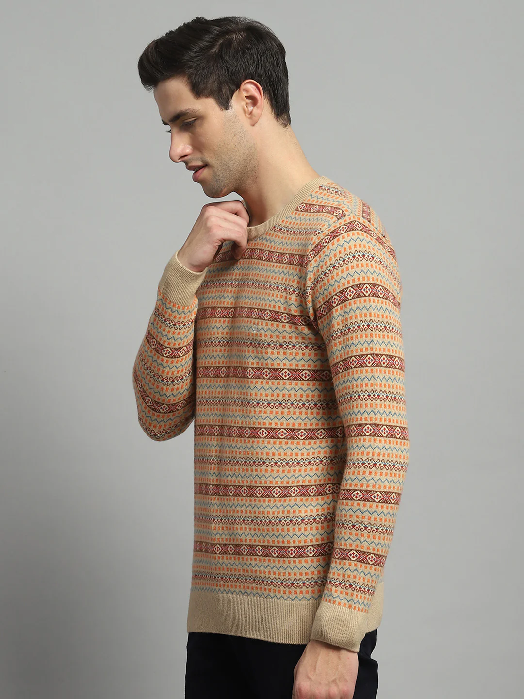 Luxuria Men Camel Brown Self Design Round Neck Full Sleeve Pullover - Image 3