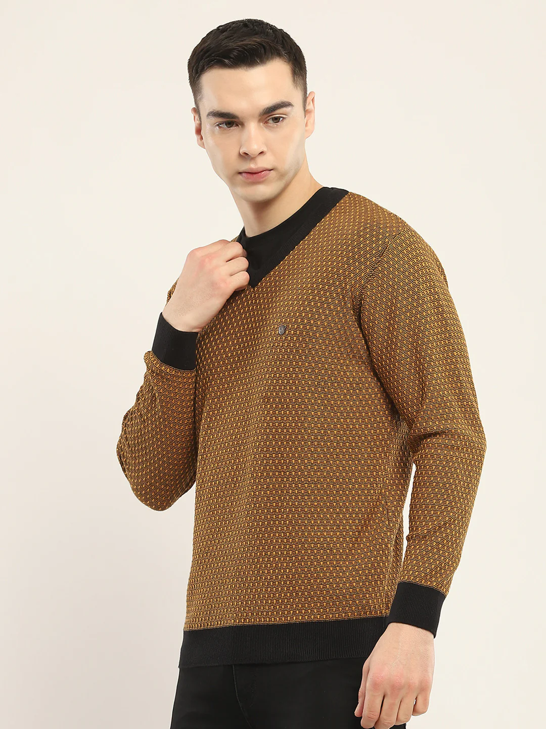 Men Camel Brown Self Design V Neck Full Sleeve Pullover - Image 3
