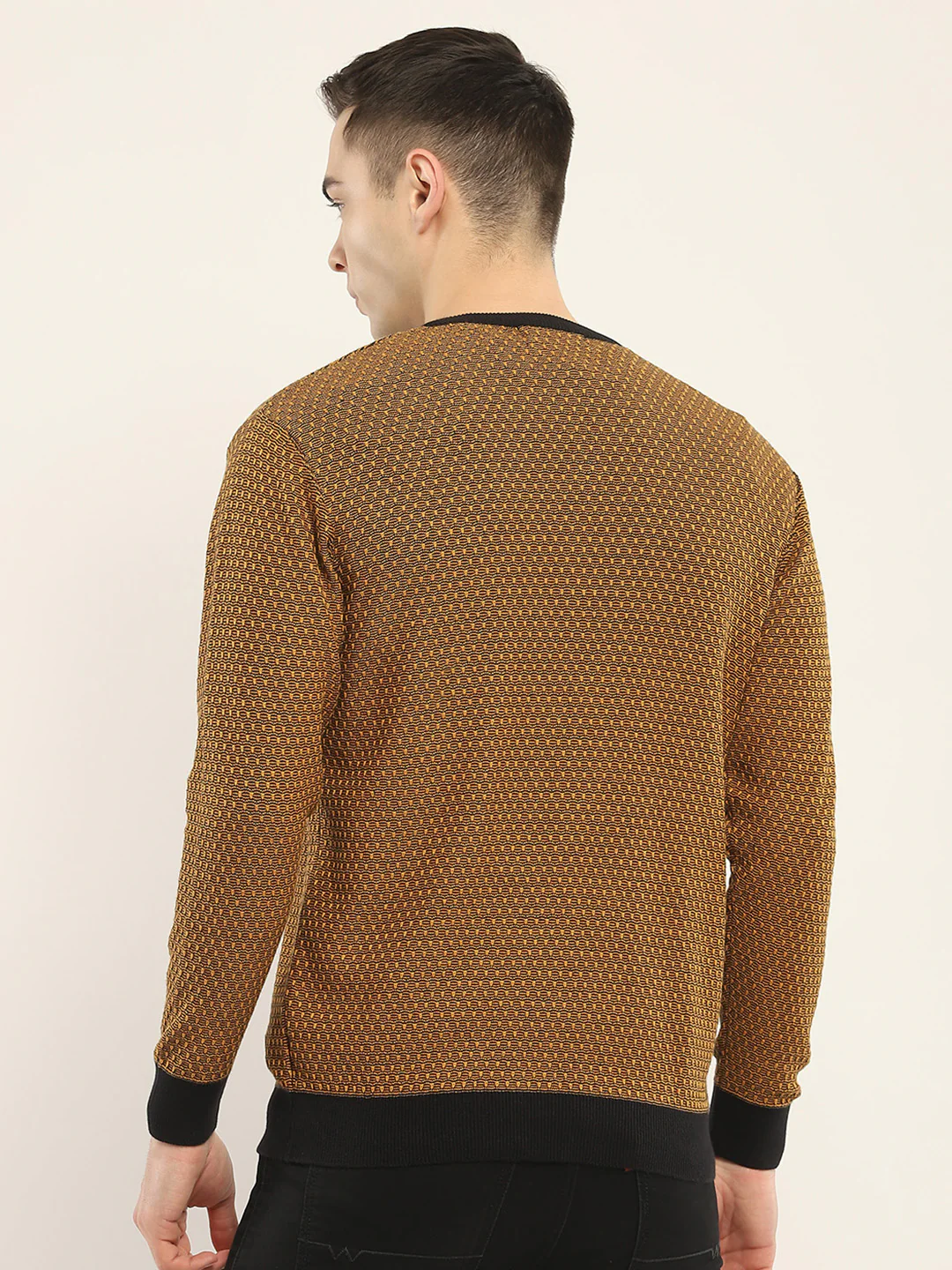 Men Camel Brown Self Design V Neck Full Sleeve Pullover - Image 5