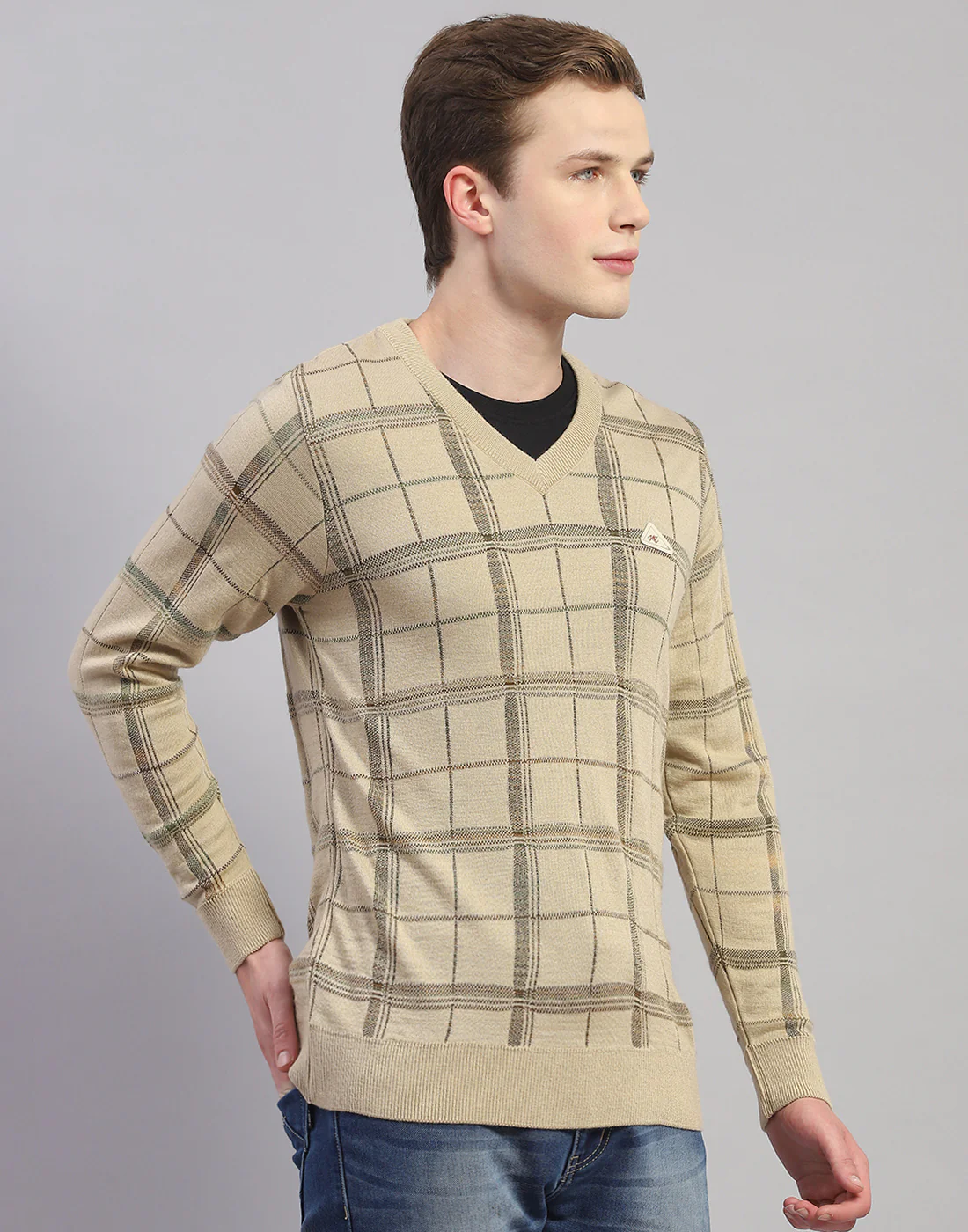 Men Camel Brown Self Design V Neck Full Sleeve Pullover - Image 4