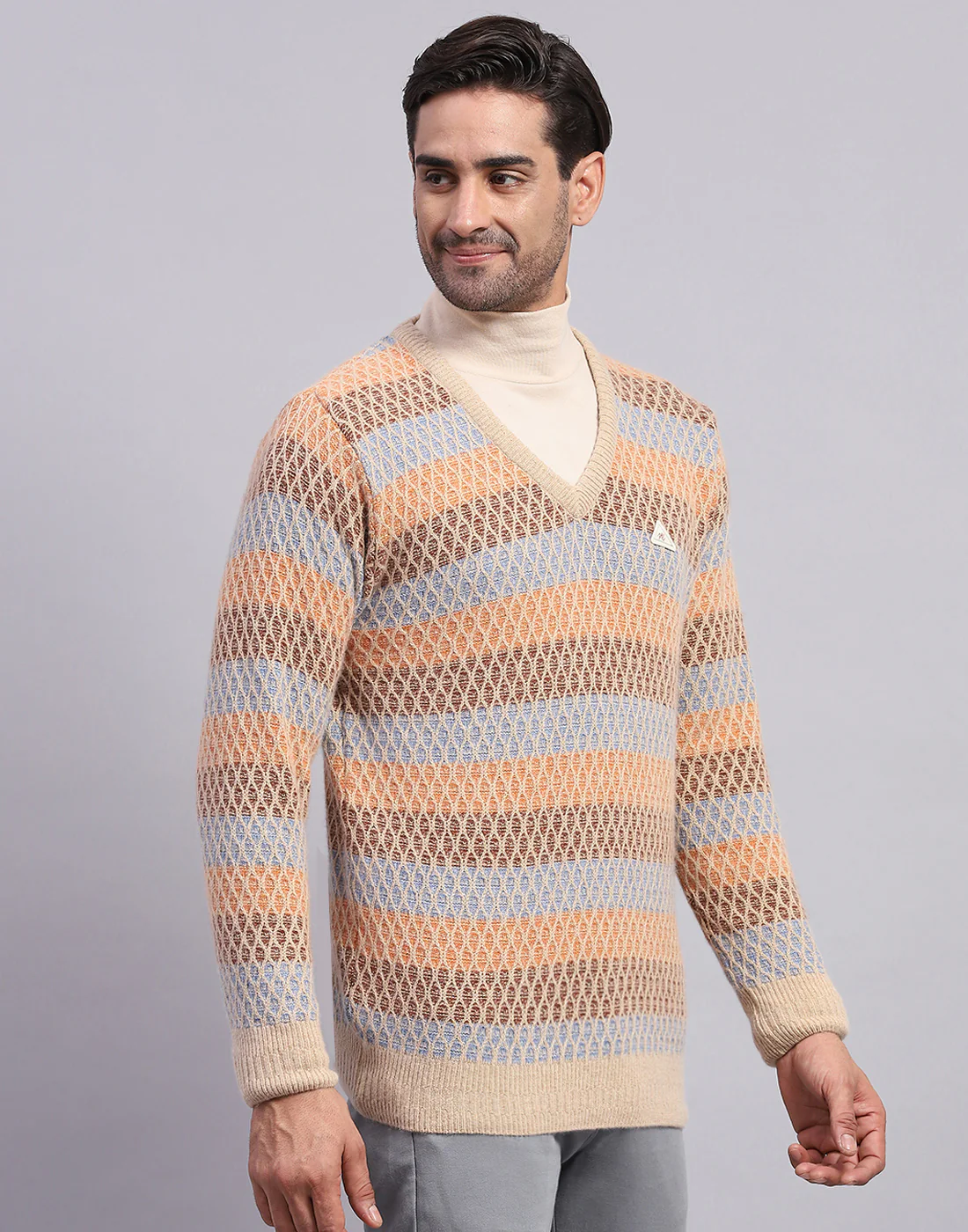 Men Camel Brown Self Design V Neck Full Sleeve Pullover - Image 5