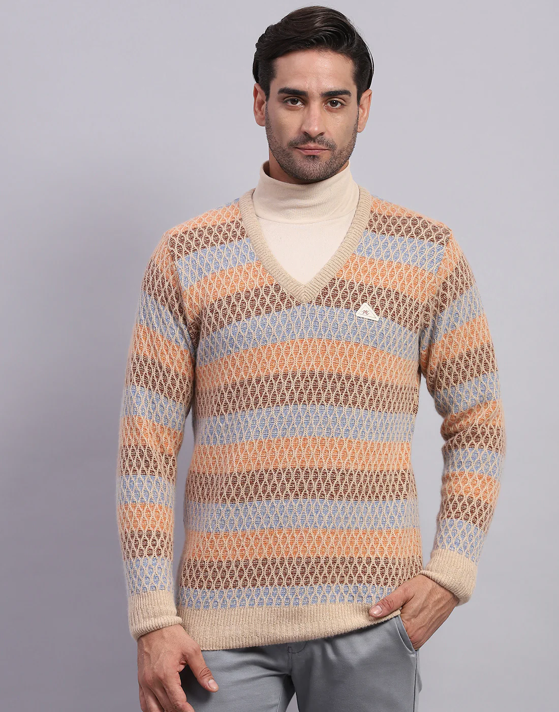 Men Camel Brown Self Design V Neck Full Sleeve Pullover - Image 6