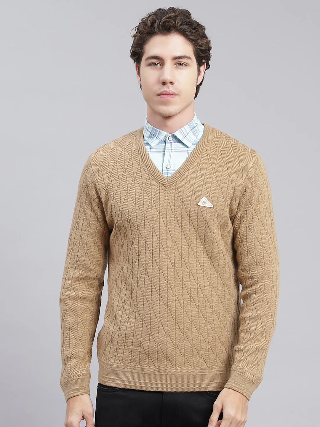 Men Camel Brown Self Design Wool blend Pullover - Image 2