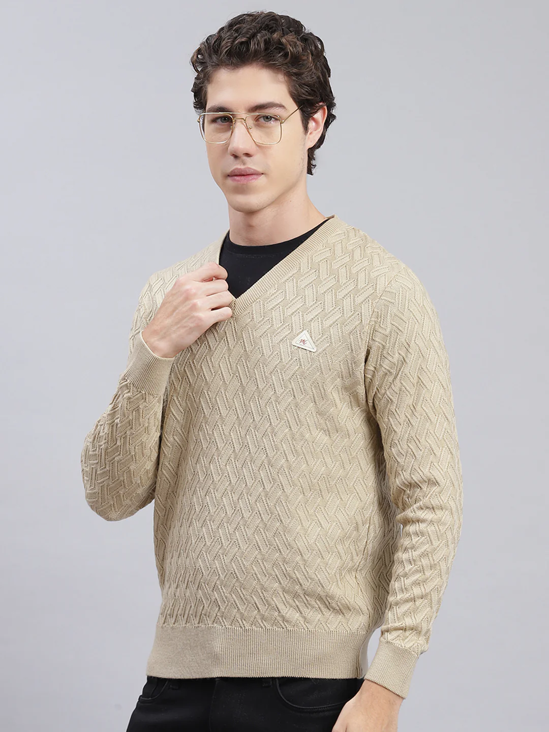 Men Camel Brown Self Design Wool blend Pullover - Image 3