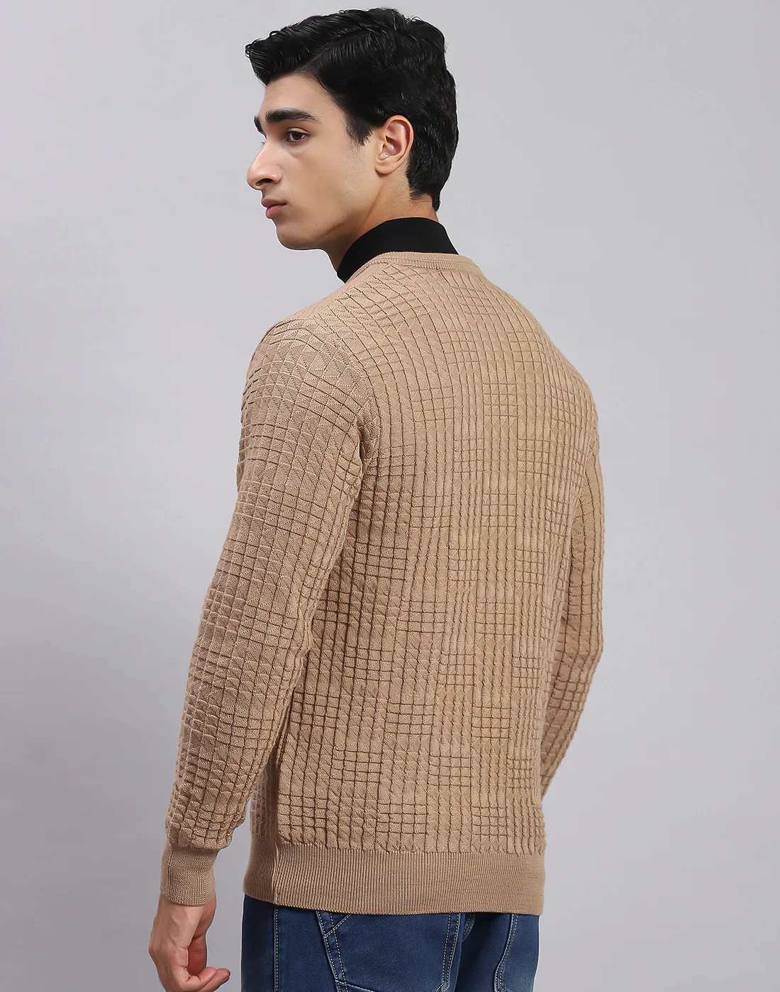 Men Camel Brown Self Design V Neck Full Sleeve Sweaters/Pullovers - Image 5