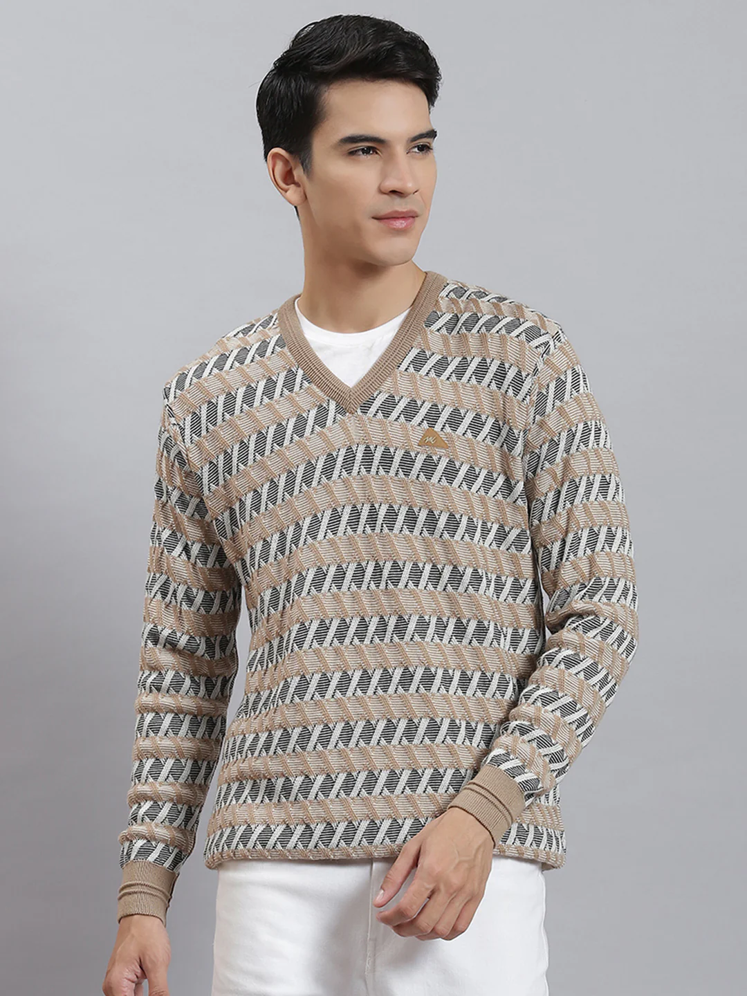 Men Camel Brown Self Design V Neck Full Sleeve Sweaters/Pullovers - Image 2