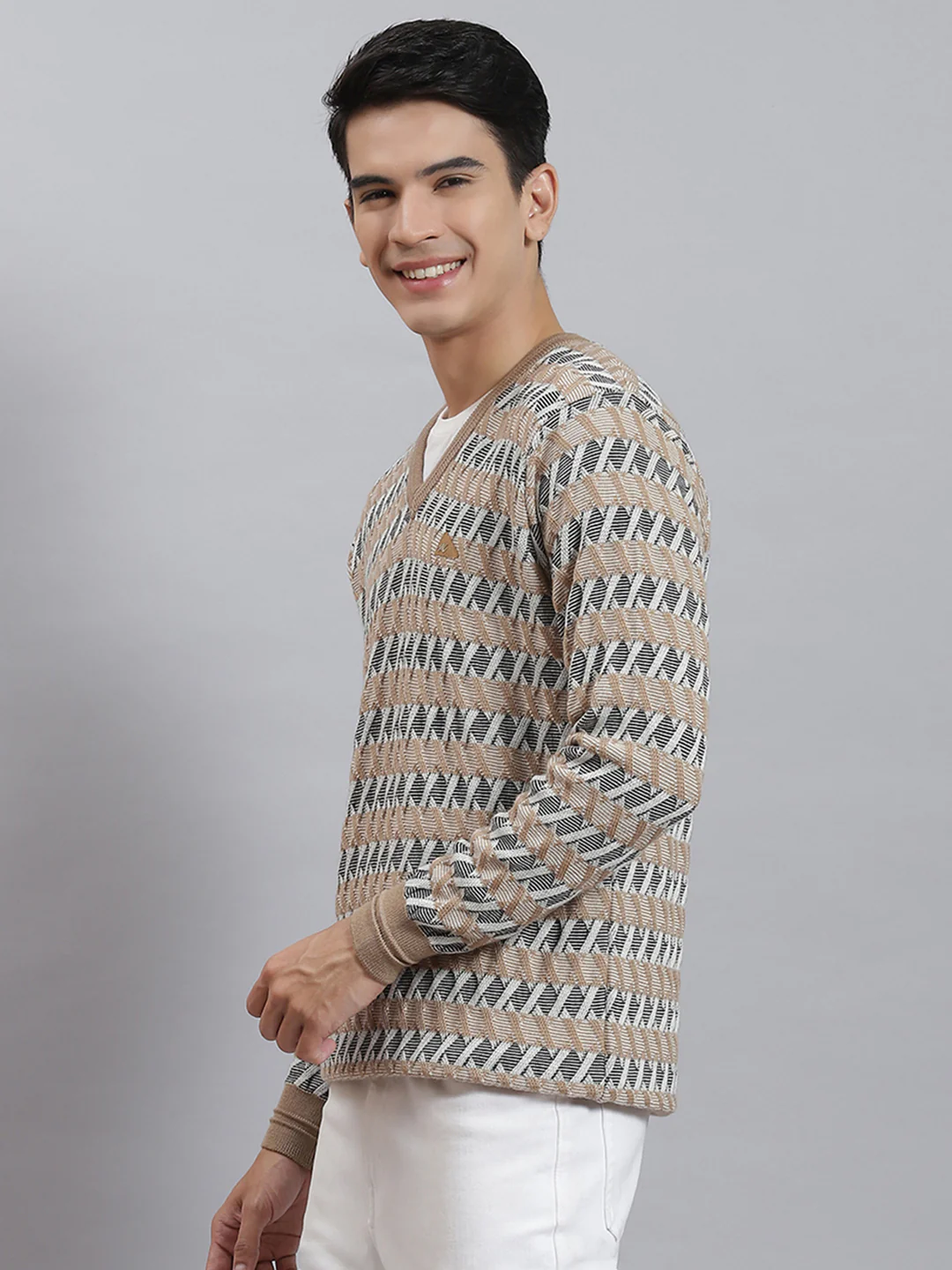 Men Camel Brown Self Design V Neck Full Sleeve Sweaters/Pullovers - Image 3