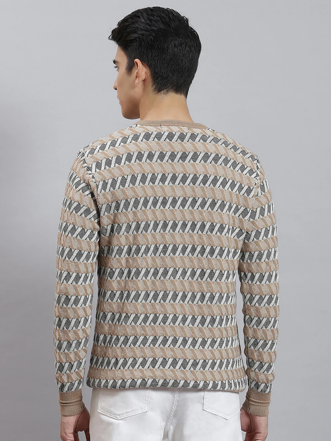 Men Camel Brown Self Design V Neck Full Sleeve Sweaters/Pullovers - Image 5