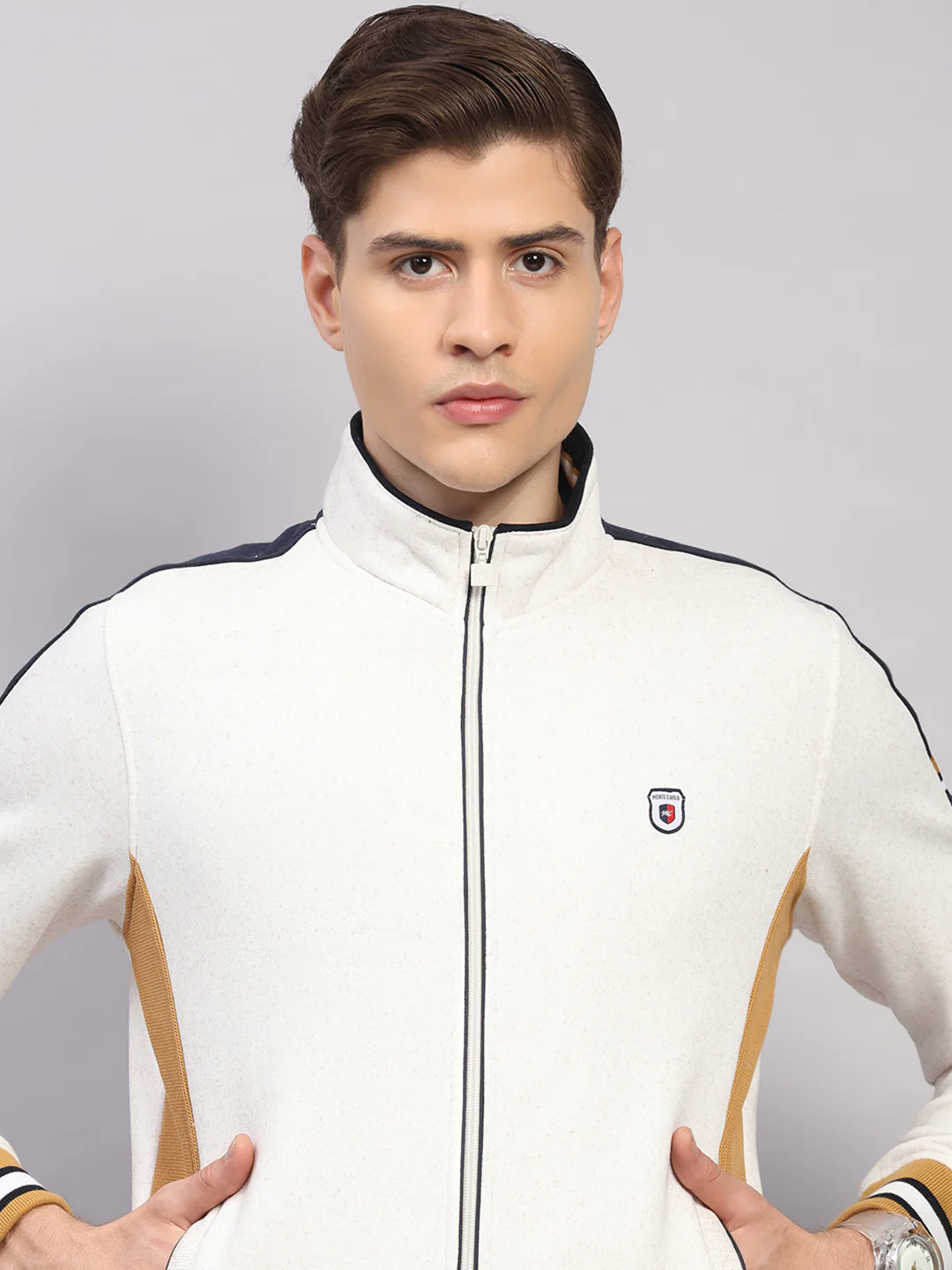 Men Camel Brown Solid Collar Full Sleeve Winter Tracksuit - Image 7