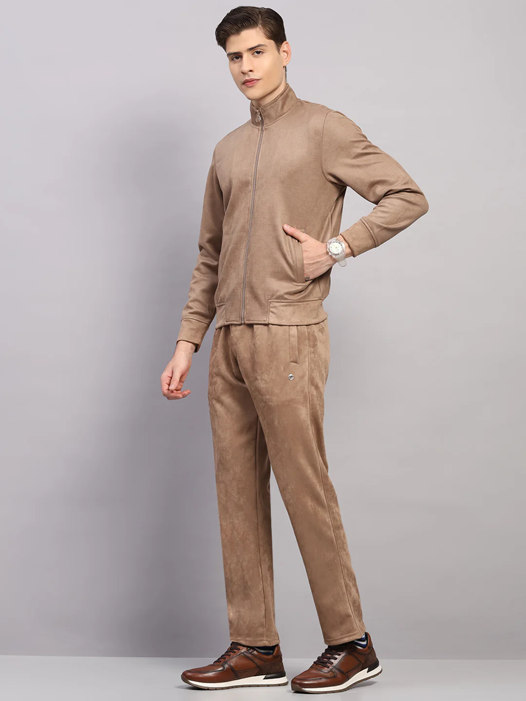 Luxuria Men Camel Brown Solid Collar Full Sleeve Winter Tracksuit - Image 3