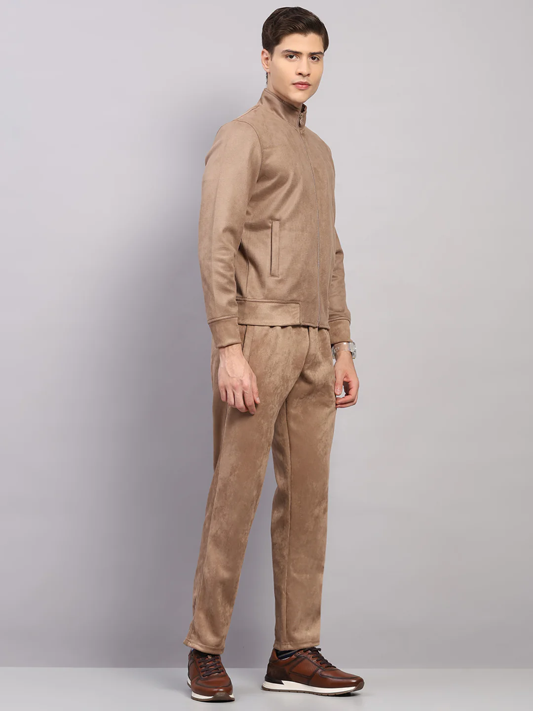 Luxuria Men Camel Brown Solid Collar Full Sleeve Winter Tracksuit - Image 4