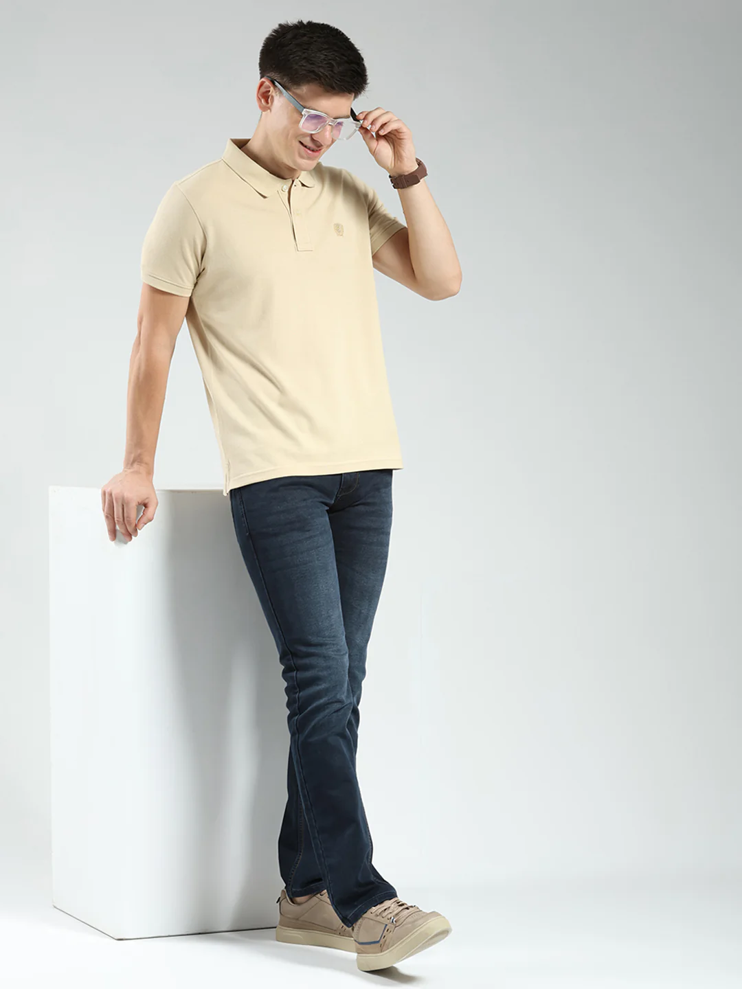 Men Camel Brown Solid Collar Half Sleeve T-Shirt - Image 2