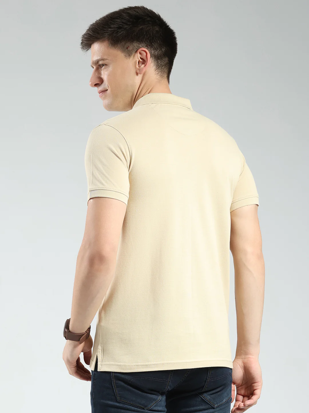 Men Camel Brown Solid Collar Half Sleeve T-Shirt - Image 5
