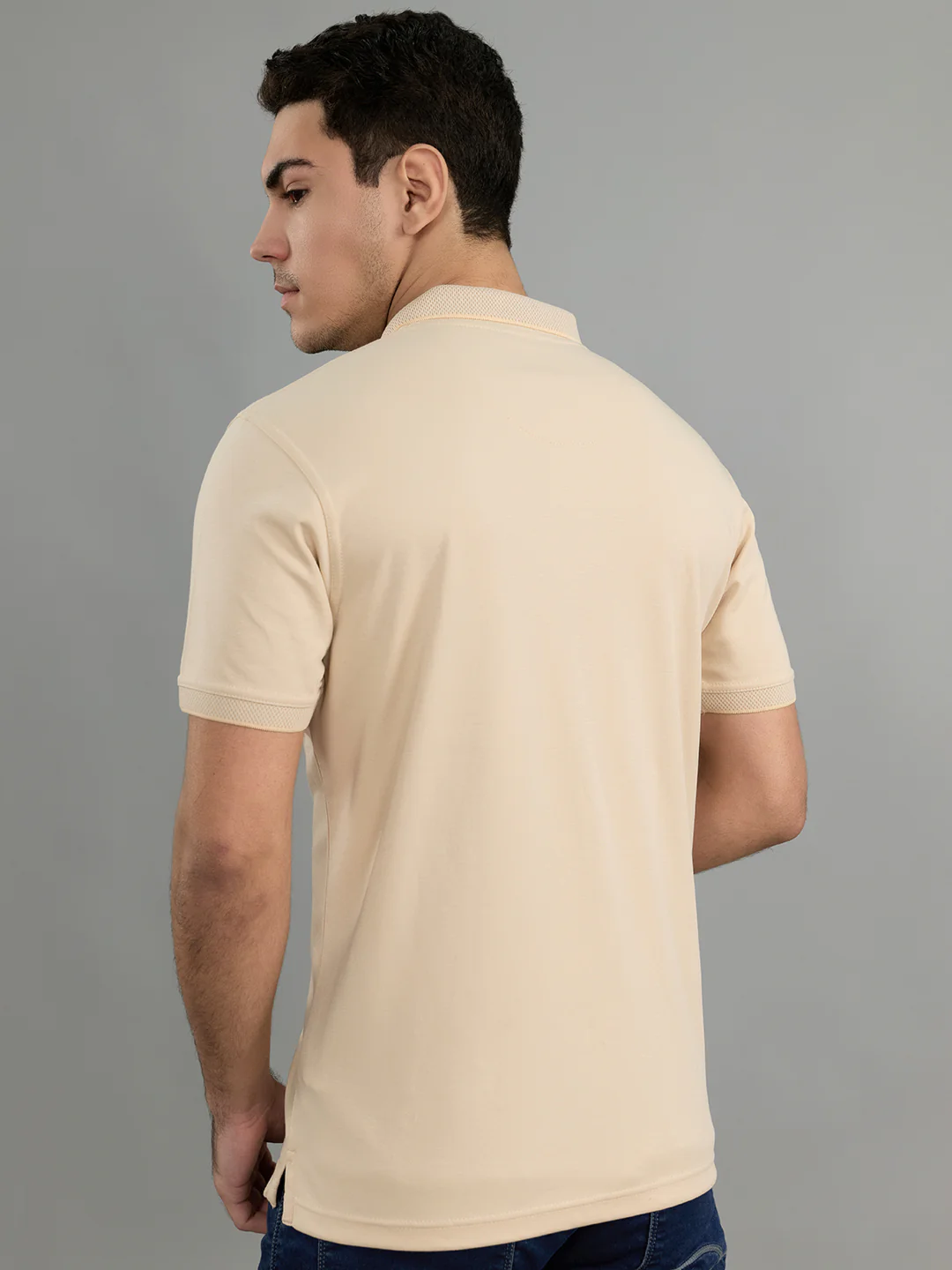 Men Camel Brown Solid Collar Half Sleeve T-Shirt - Image 4