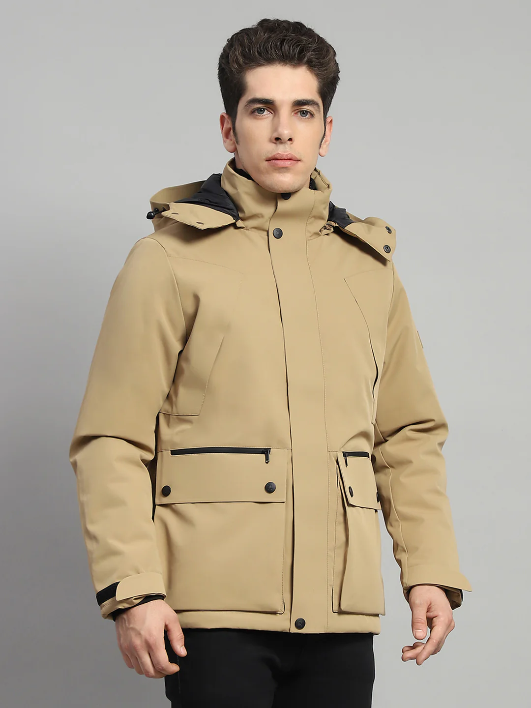 Men Camel Brown Solid Hooded Full Sleeve Jacket - Image 4