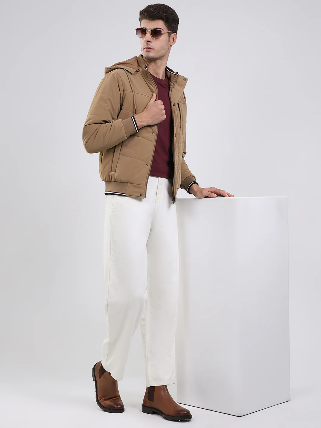 Men Camel Brown Solid Hooded Full Sleeve Jacket - Image 2