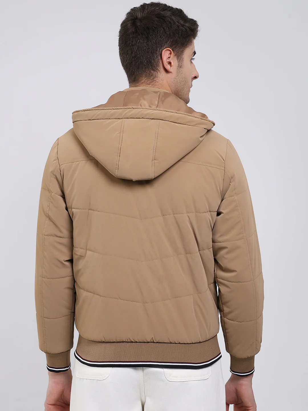 Men Camel Brown Solid Hooded Full Sleeve Jacket - Image 5