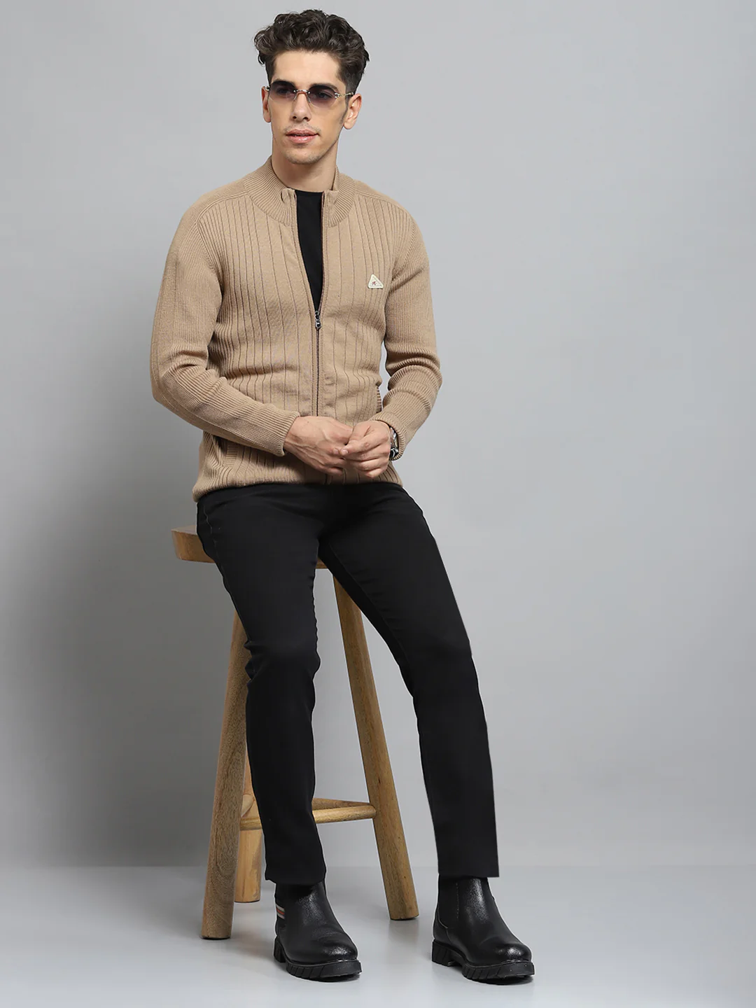 Men Camel Brown Solid Mock Neck Full Sleeve Pullover - Image 2