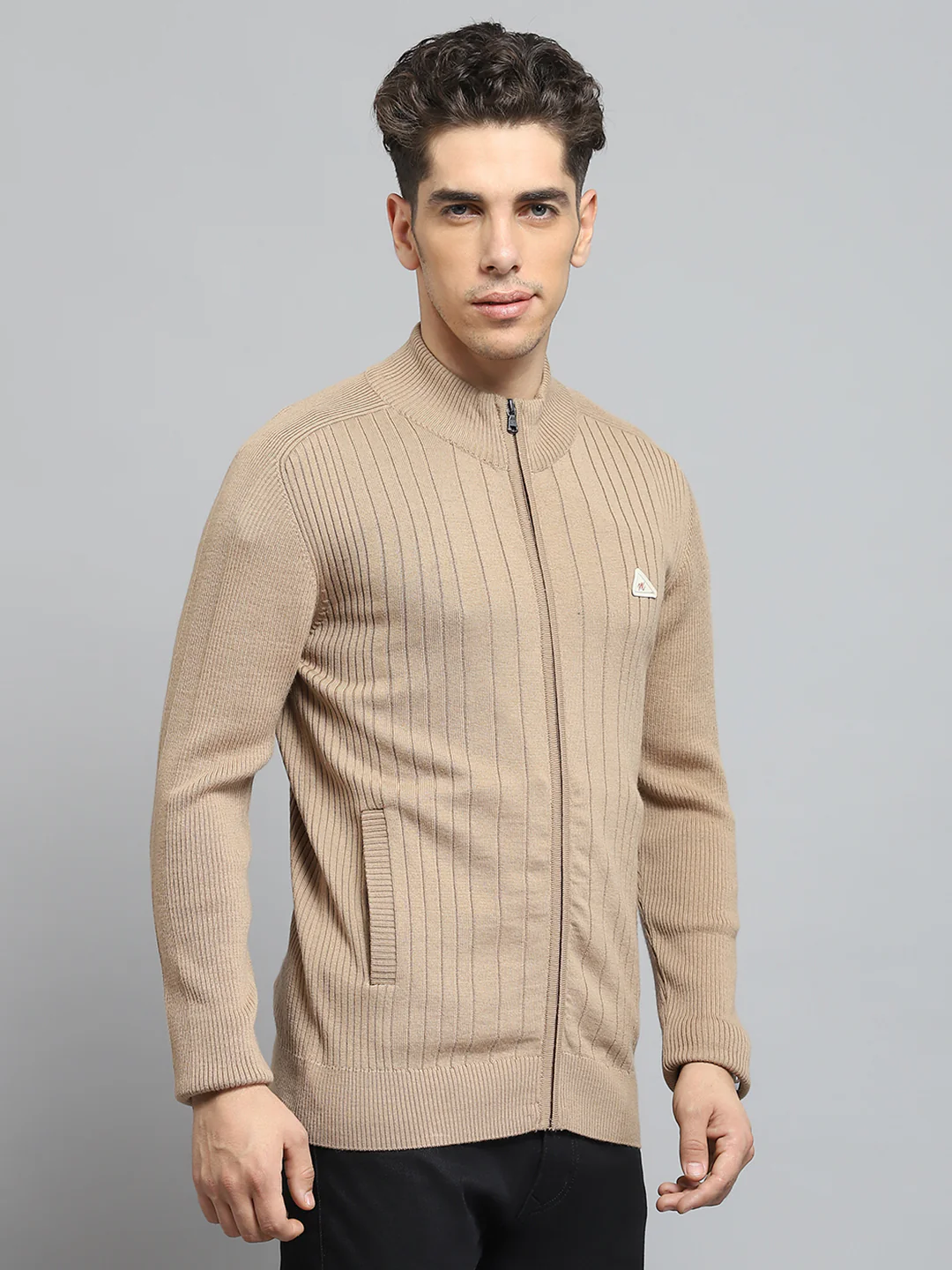Men Camel Brown Solid Mock Neck Full Sleeve Pullover - Image 4