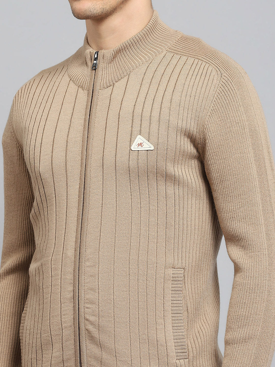 Men Camel Brown Solid Mock Neck Full Sleeve Pullover - Image 6