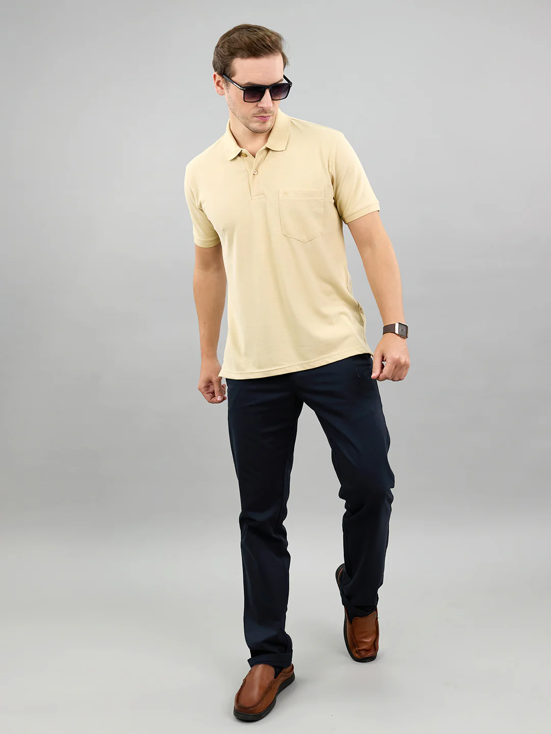 Men Camel Brown Solid Polo Collar Half Sleeve T-Shirt - Image 6