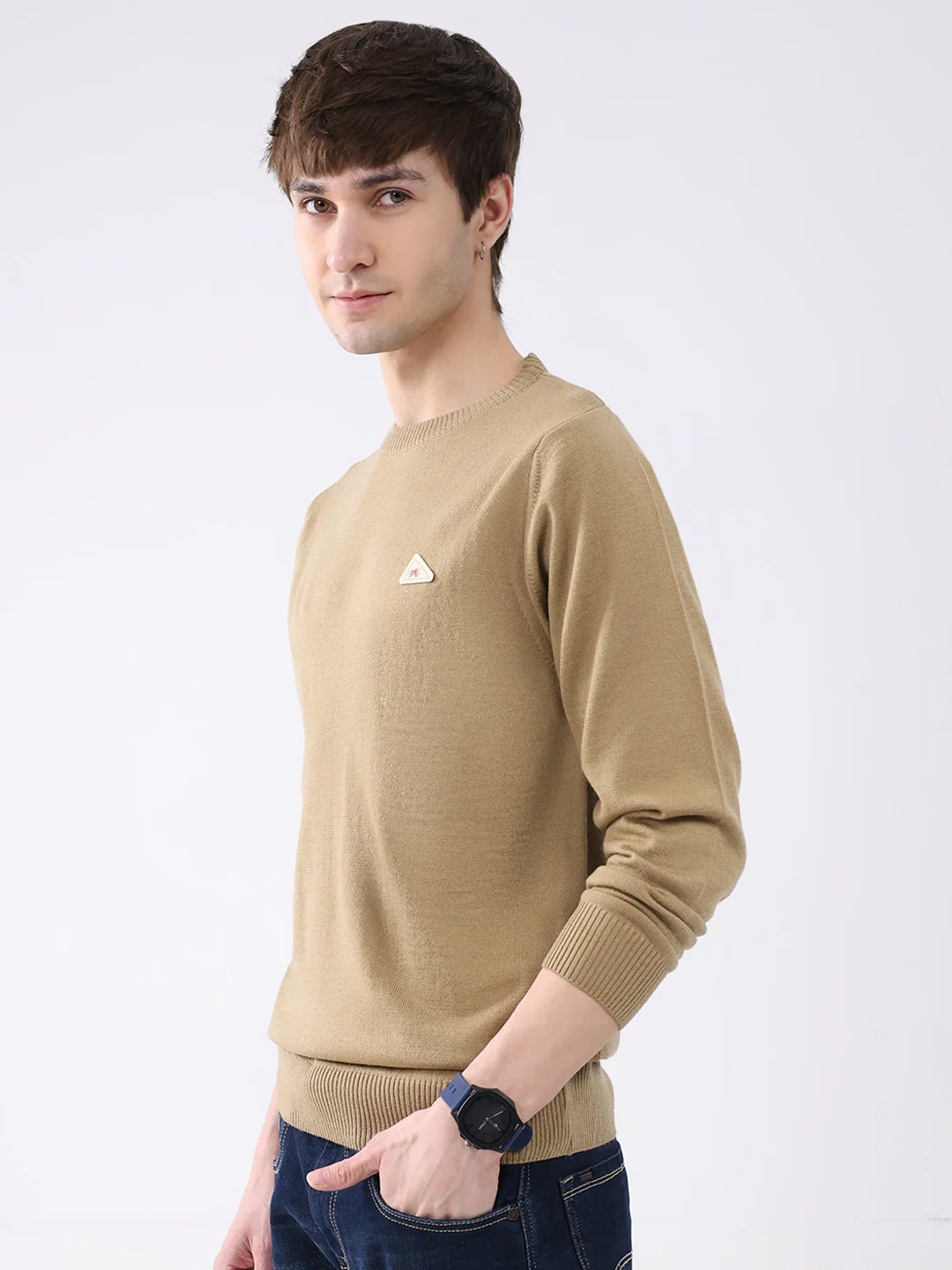 Men Camel Brown Solid Round Neck Full Sleeve Pullover - Image 3