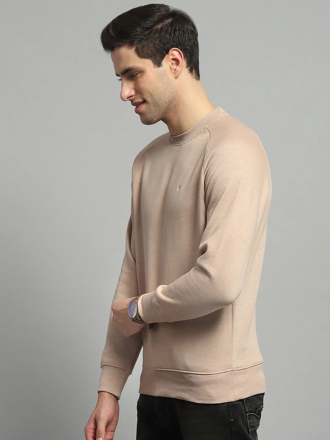 Men Camel Brown Solid Round Neck Full Sleeve Sweatshirt - Image 3