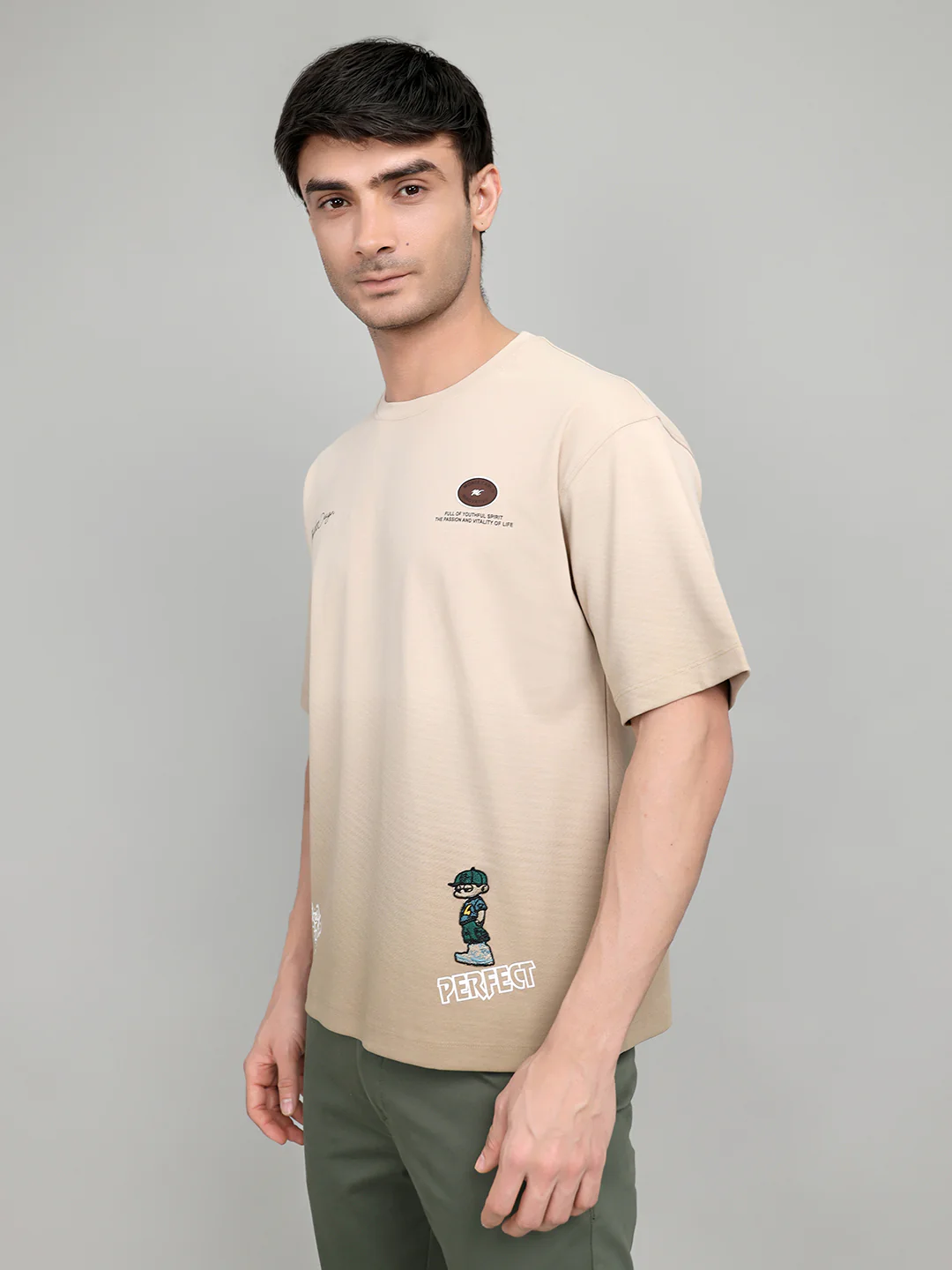Men Camel Brown Solid Round Neck Half Sleeve T-Shirt - Image 2