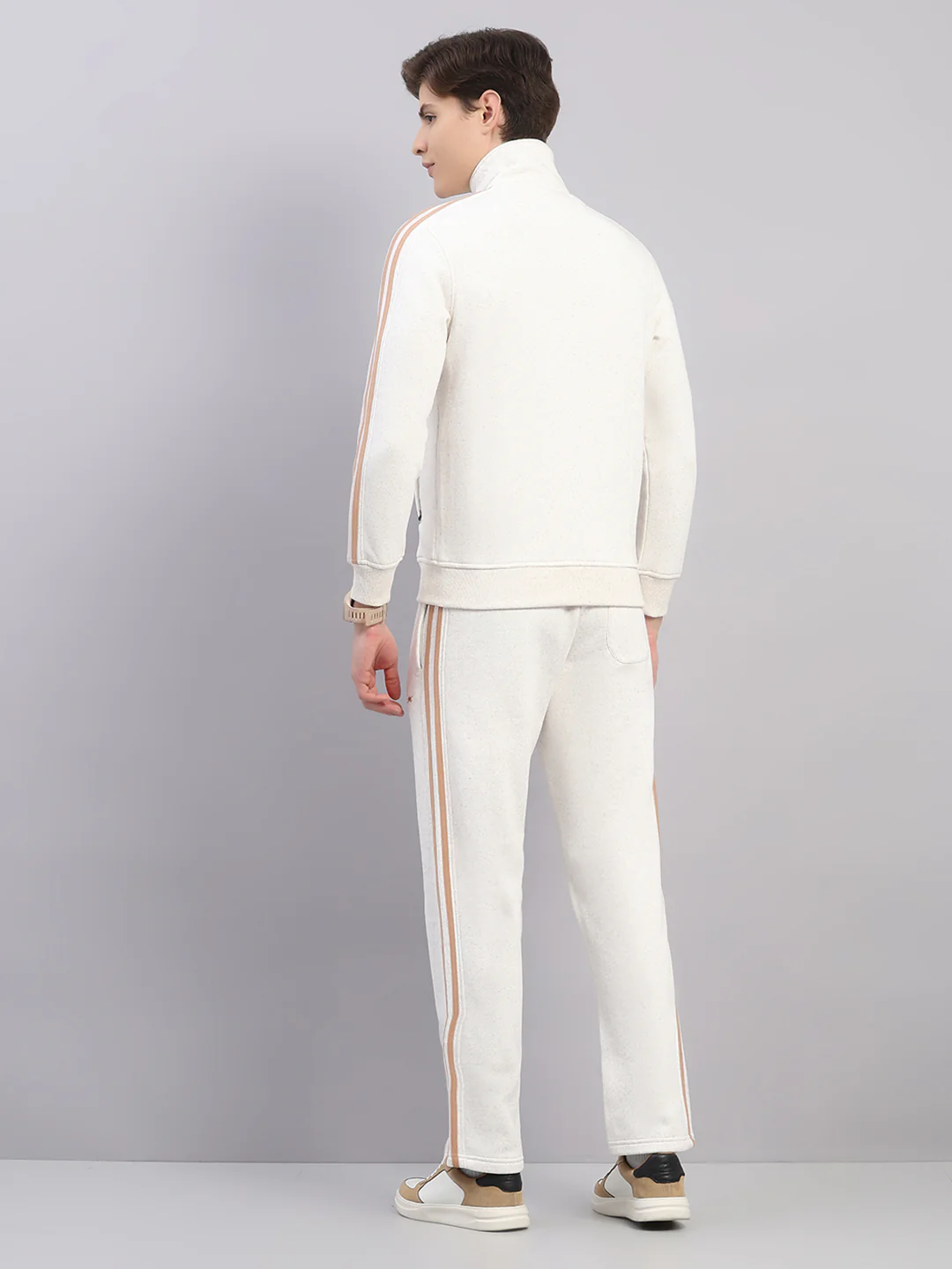 Men Camel Brown Solid Stand Collar Full Sleeve Winter Tracksuit - Image 5