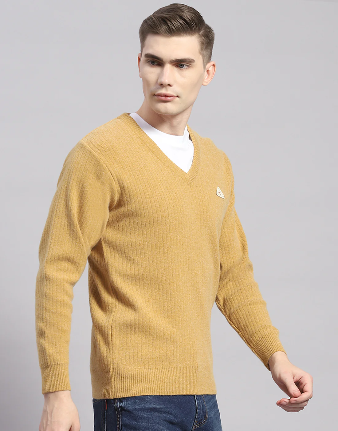 Men Camel Brown Solid V Neck Full Sleeve Pullover - Image 4