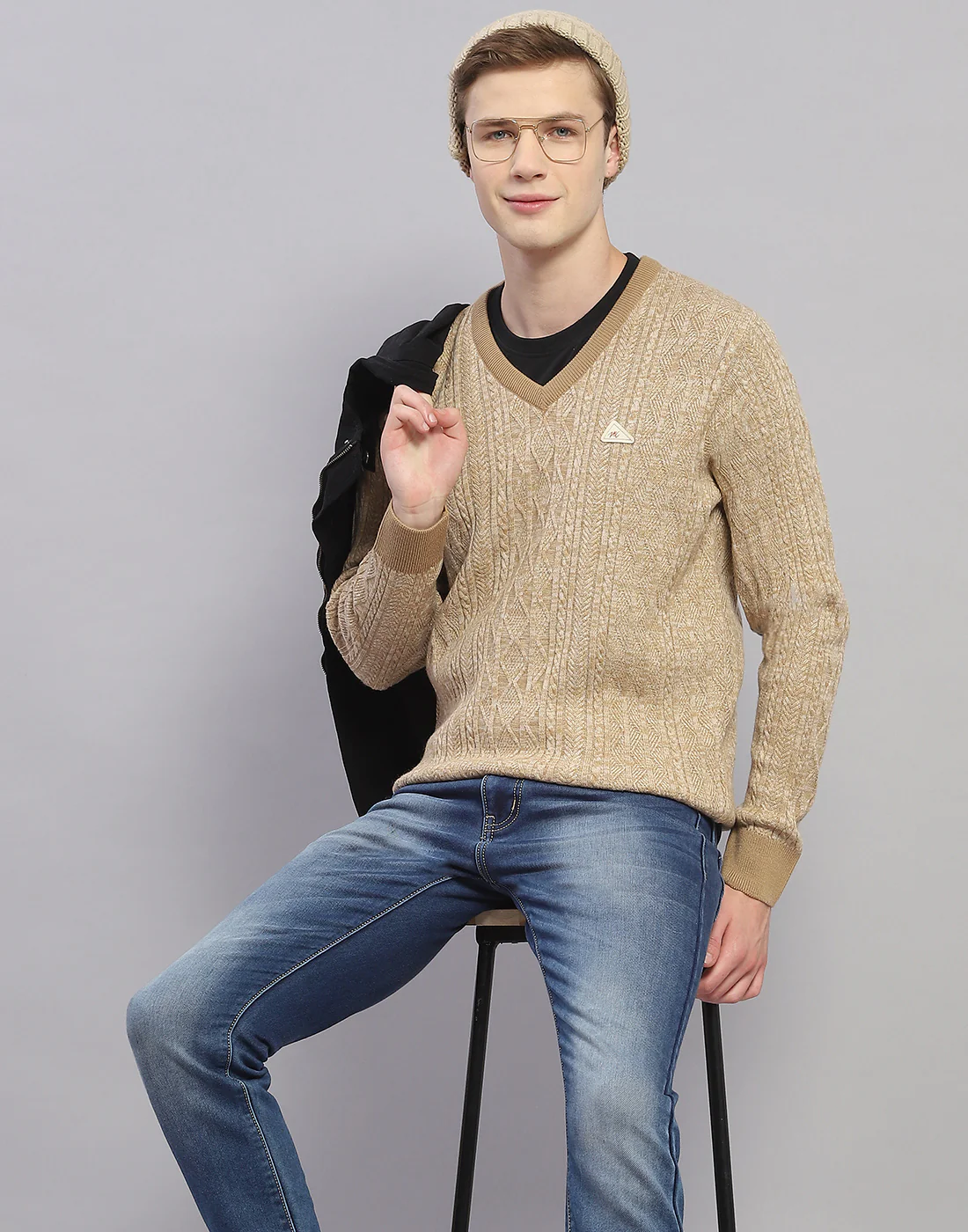 Men Camel Brown Solid V Neck Full Sleeve Pullover - Image 2